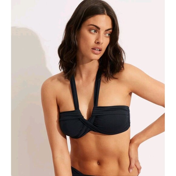 Seafolly Collective Women Navy Blue Twist Bandeau Halter Swim Top Sz 6 / US 2 - Picture 8 of 11